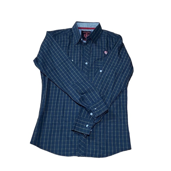 Mens Long Fit Medium Button Up Long Sleeve Blue Plaid Shirt - Picture 1 of 6